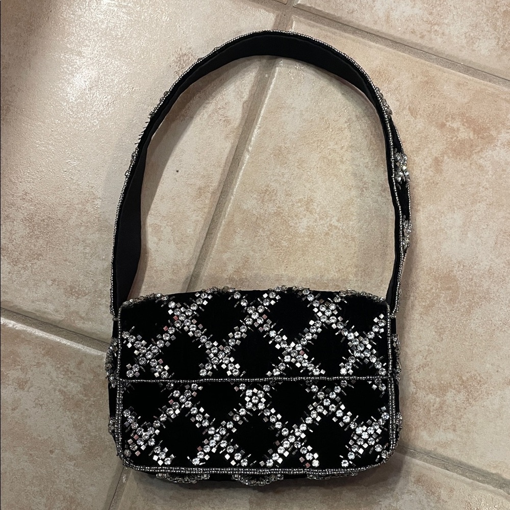 Anthropologie Maeve The Fiona Beaded Black Velvet Rhinestone Bag